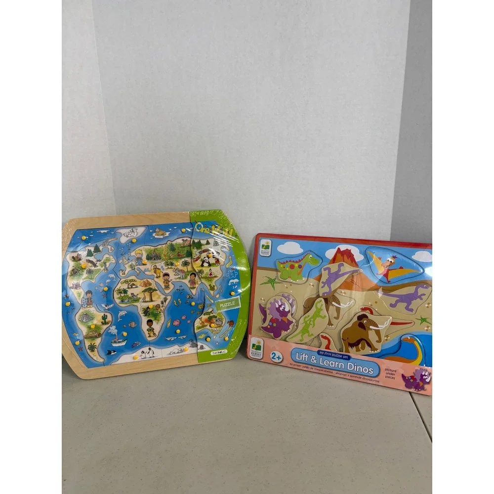 Wooden Puzzle Lot Beleduc One World Map 21pc & Learning Journey Dino 8pc NEW